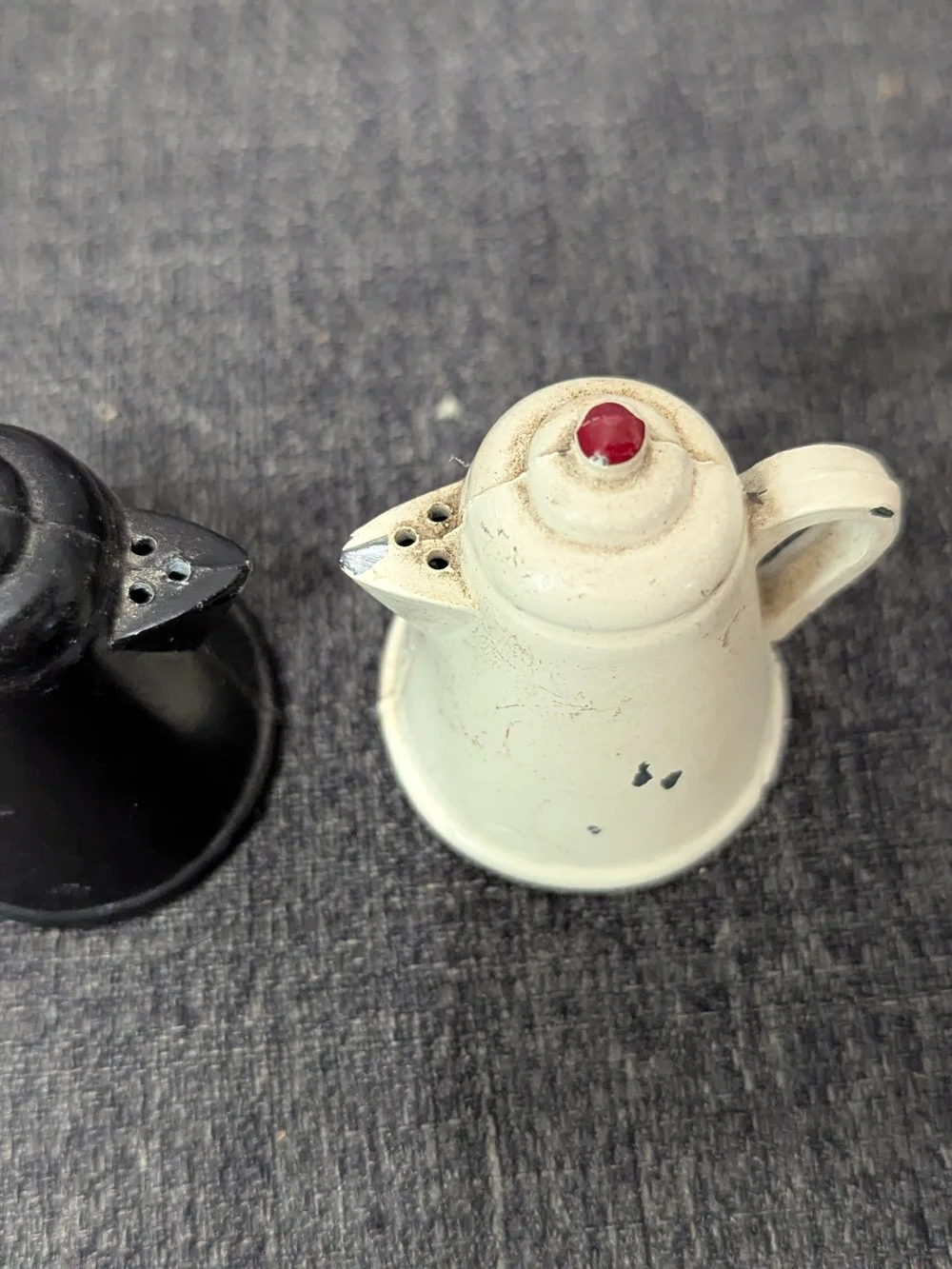 Cast Iron Coffee Tea Pot  Salt Pepper Shakers Floral Hand Painted Vintage Mini
